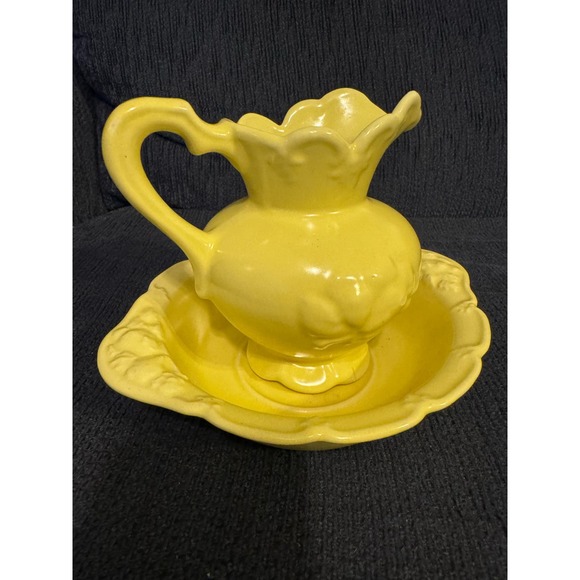 Vintage Yellow USA McCoy Mini Yellow Pitcher & Bowl Set Ceramic -S42 - Picture 2 of 4